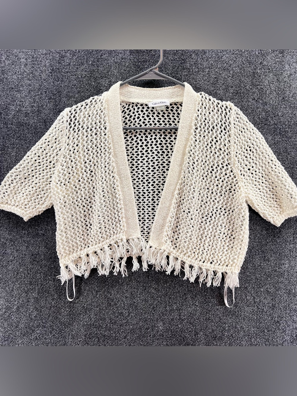 Calvin Klein Crochet Knit Open Cardigan Womens Medium Fringe Hem Off White S/S